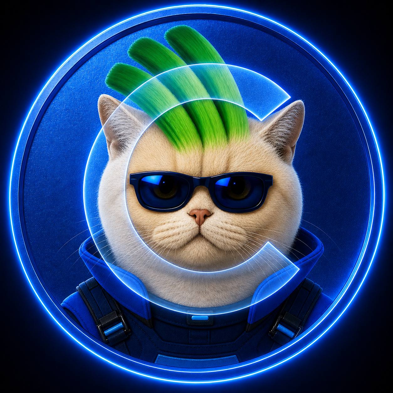 CYBERCATE — a cyber cat in blue shades with a green mohawk